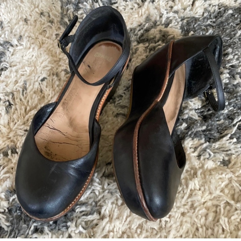 Camper leather platform ankle strap wedges size 9